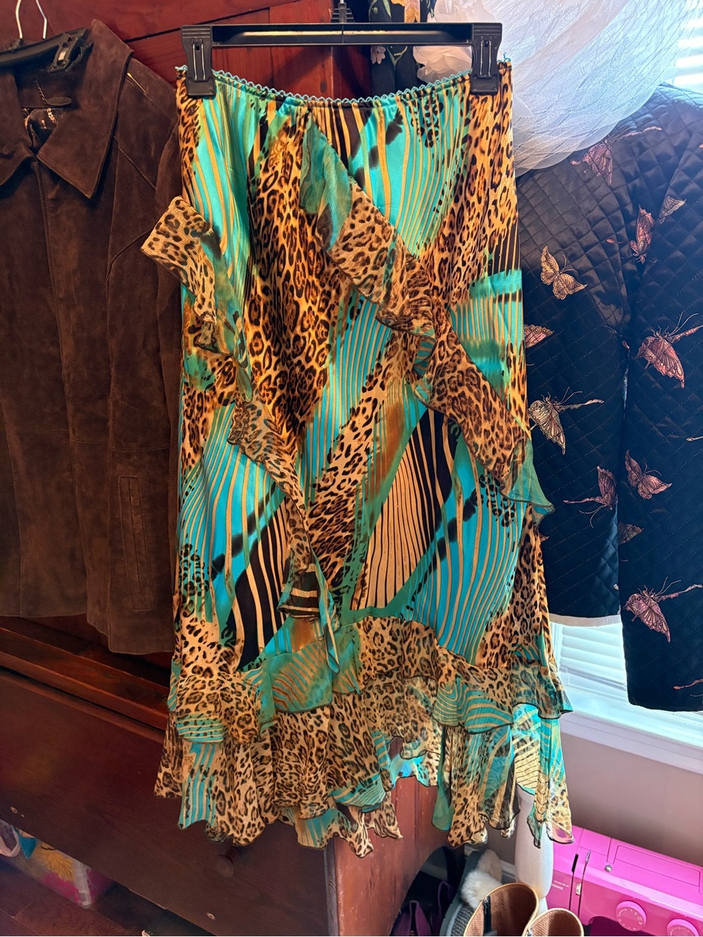 Vintage Silk Slip Skirt Tiffany Blue and Animal Print
